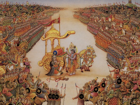 Ilustración de Arjuna y Krishna antes de la batalla