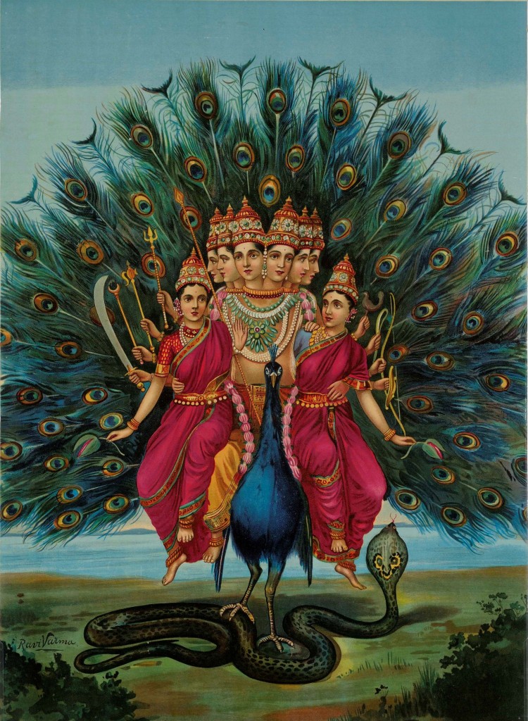 Animales sagrados de la India -Saraswati sobre un pavo real 