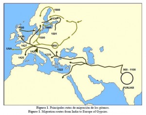 El mapa muestra el recorrido del pueblo gitano desde Punjab hasta España, a lo largo de los siglos.