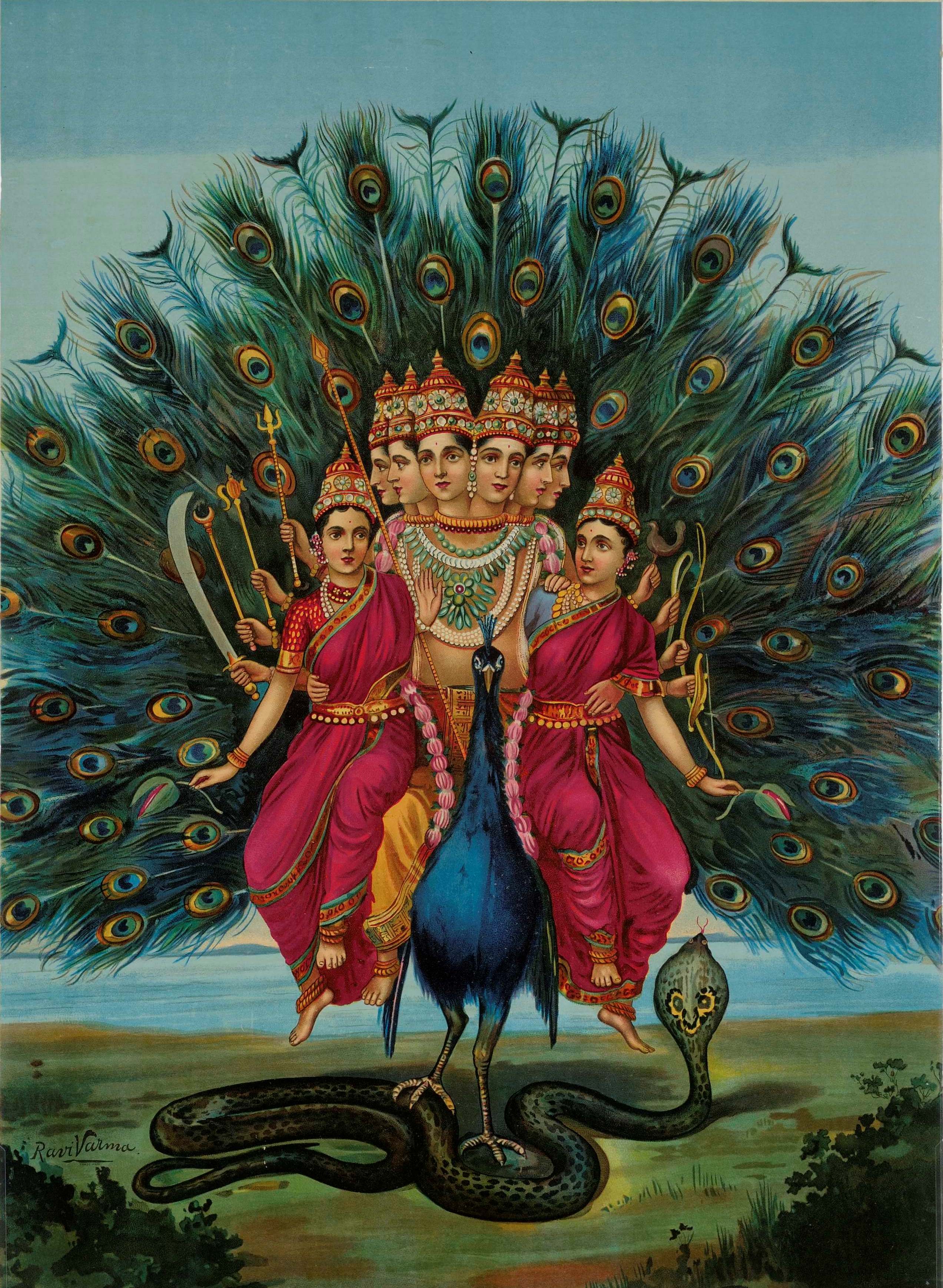 Animales sagrados de la India -Saraswati sobre un pavo real