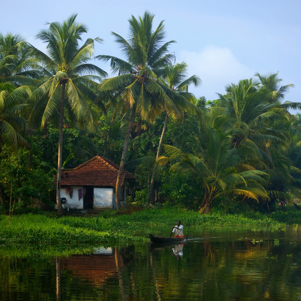 Pescador, palmeras y casa portuguesa en lo backwaters de Kerala 