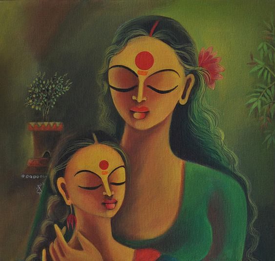 madre e hija en cuadro de Manisha Raju emociones de india
