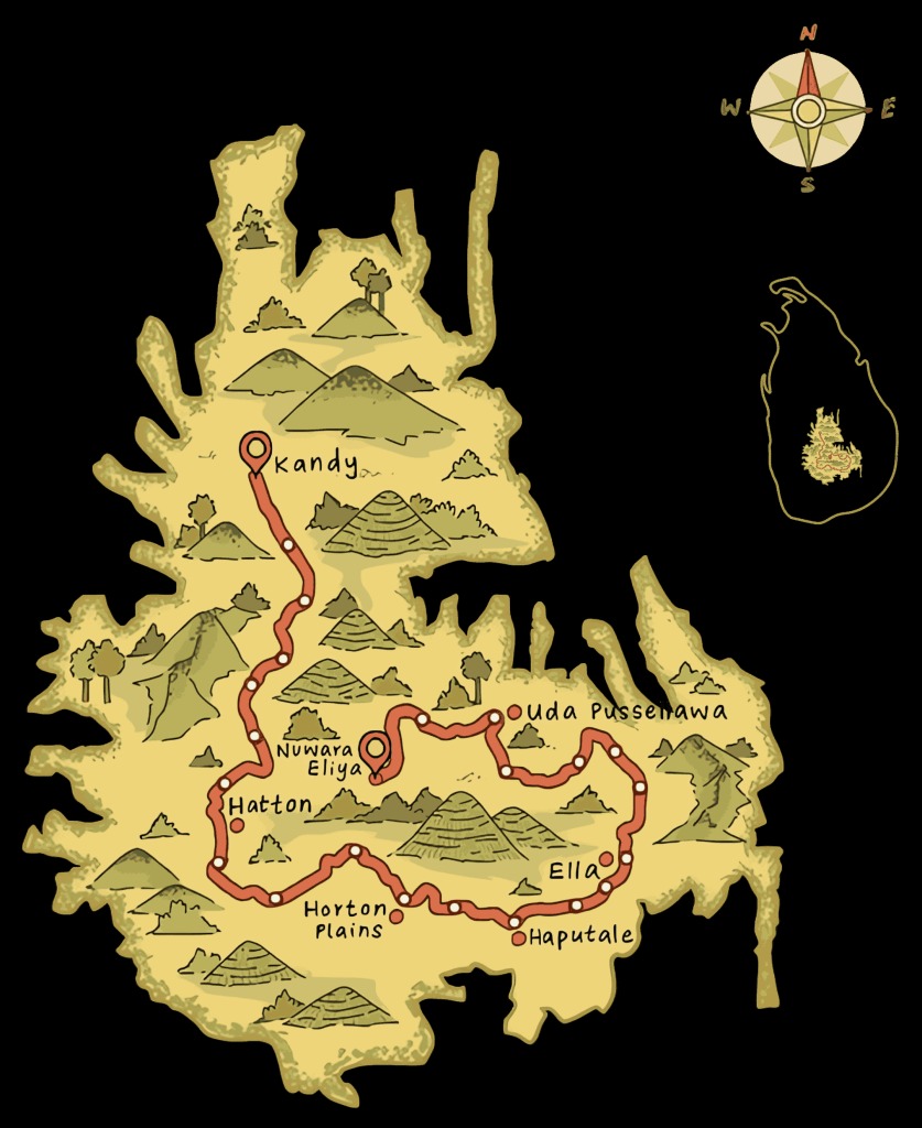 mapa con la ruta de pekoe trail en sri lanka ruta de senderismo sri lanka